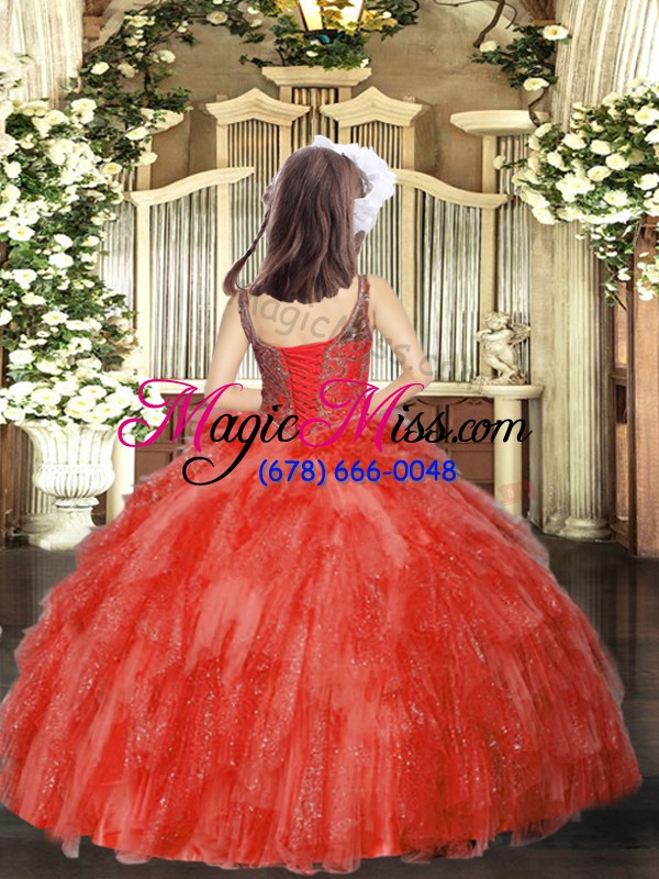 wholesale ball gowns little girls pageant gowns coral red straps organza sleeveless floor length lace up