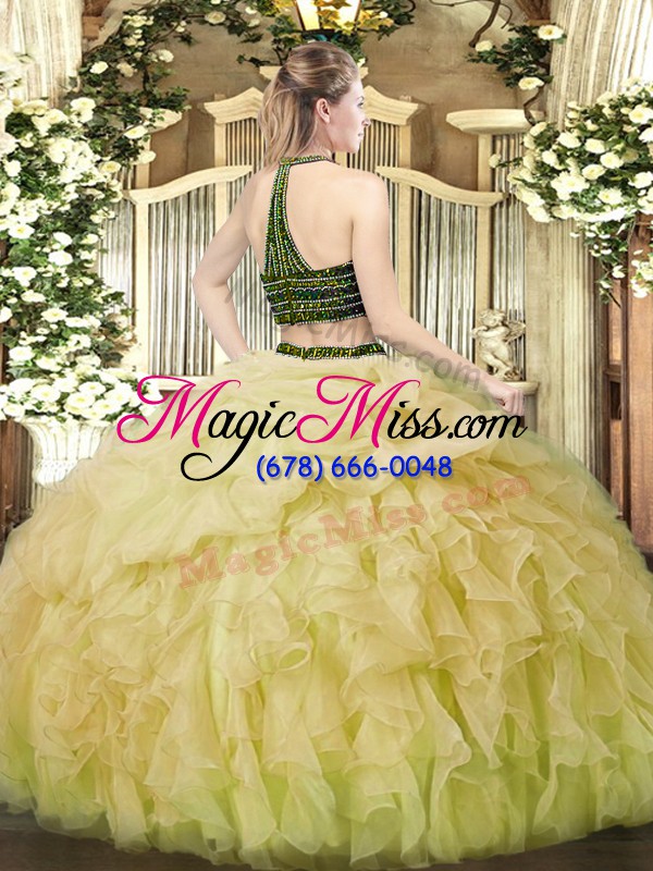 wholesale ball gowns vestidos de quinceanera rose pink halter top organza sleeveless floor length zipper