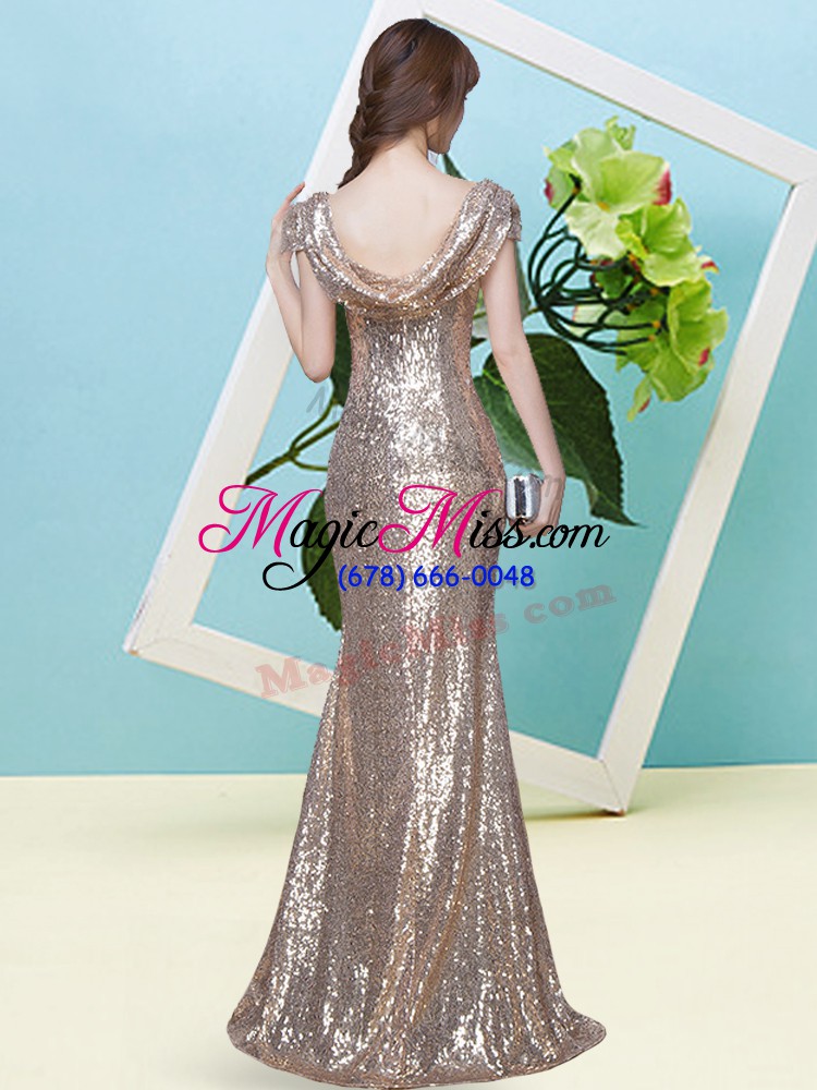wholesale edgy champagne sequined zipper scoop cap sleeves floor length prom party dress sequins