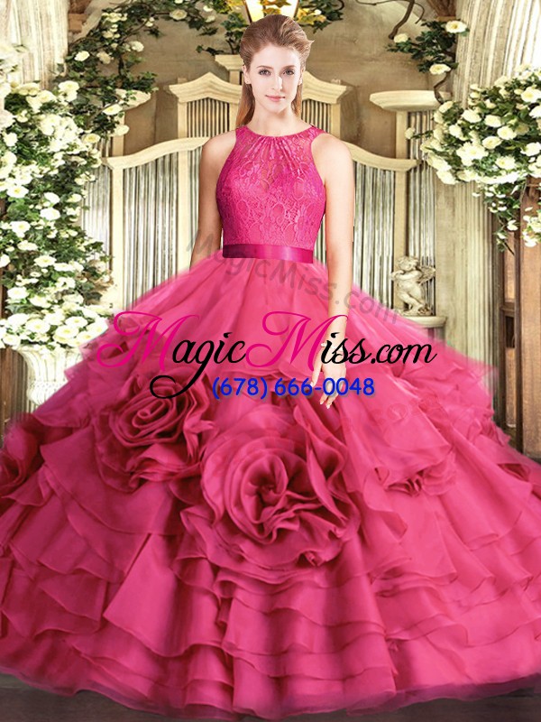 wholesale customized hot pink ball gowns scoop sleeveless fabric with rolling flowers floor length zipper lace quinceanera gown