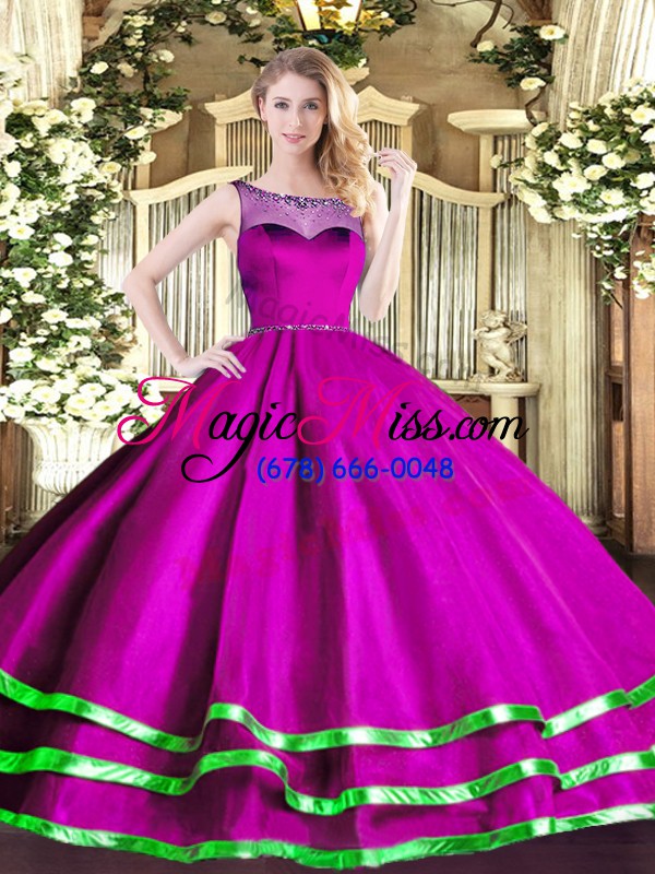 wholesale high class sleeveless floor length beading and ruffled layers lace up quinceanera dresses with fuchsia