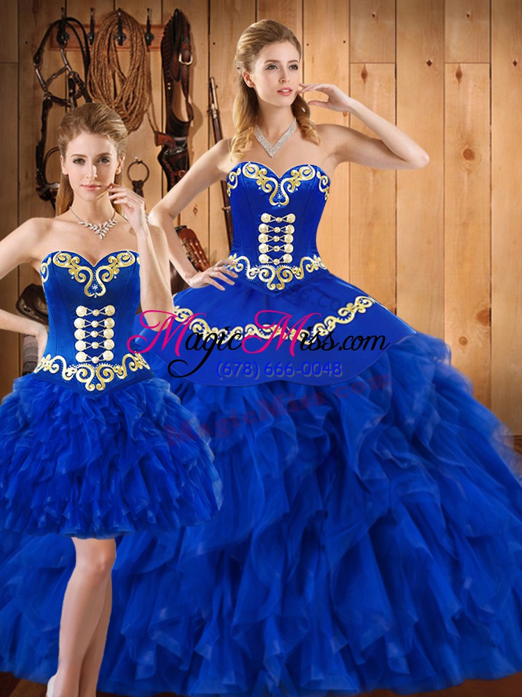 wholesale sweetheart sleeveless satin and organza quinceanera dress embroidery and ruffles lace up