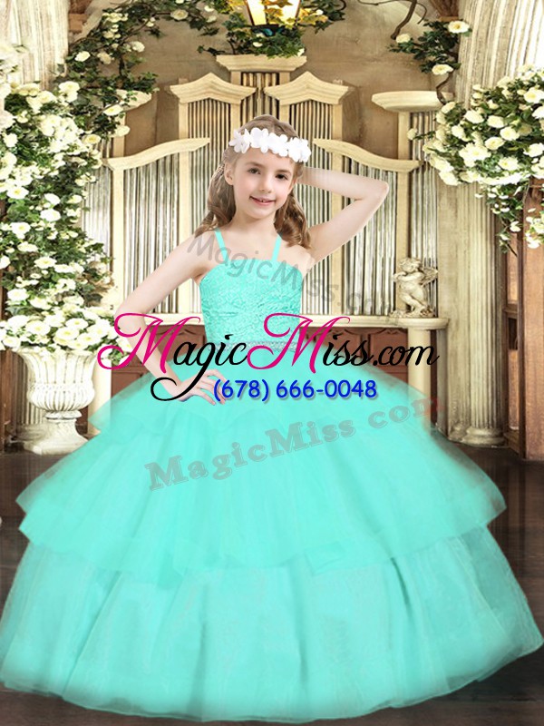 wholesale top selling apple green straps neckline beading and lace and ruffled layers kids pageant dress sleeveless zipper