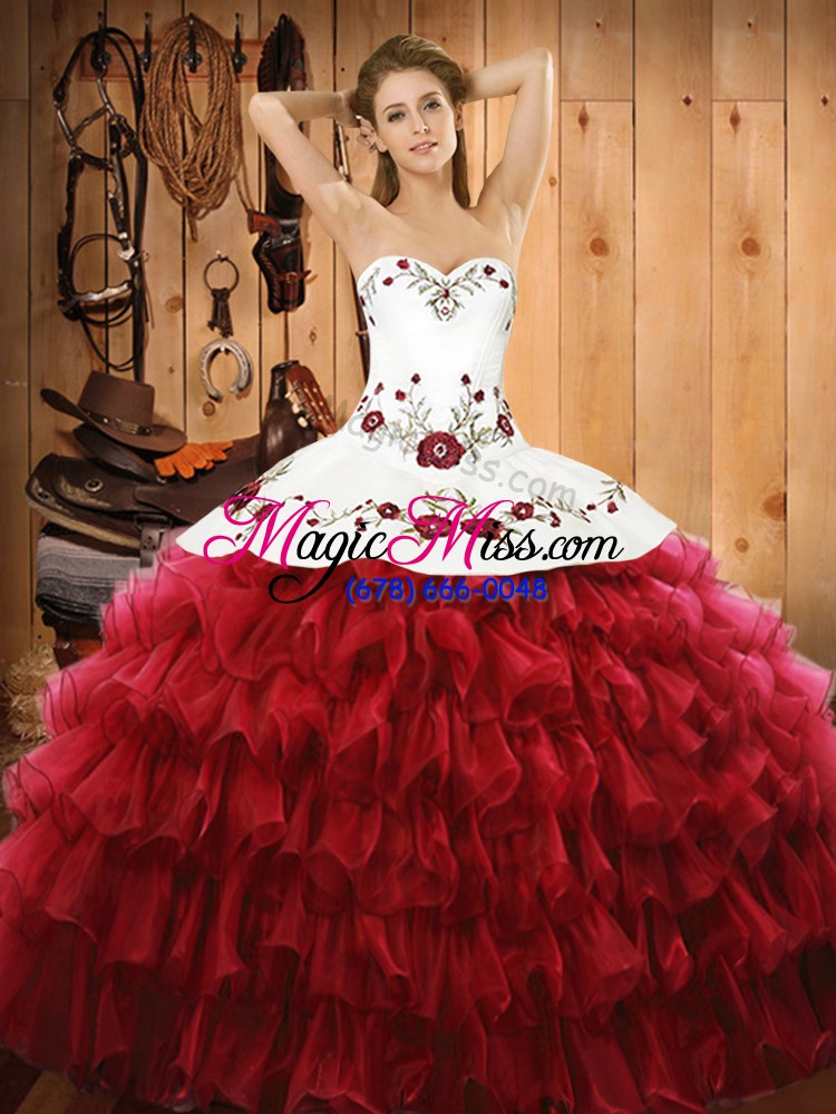 wholesale luxurious wine red organza lace up sweetheart sleeveless floor length sweet 16 quinceanera dress embroidery and ruffled layers