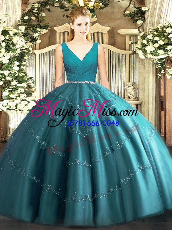 wholesale glittering teal zipper v-neck beading quinceanera gowns tulle sleeveless