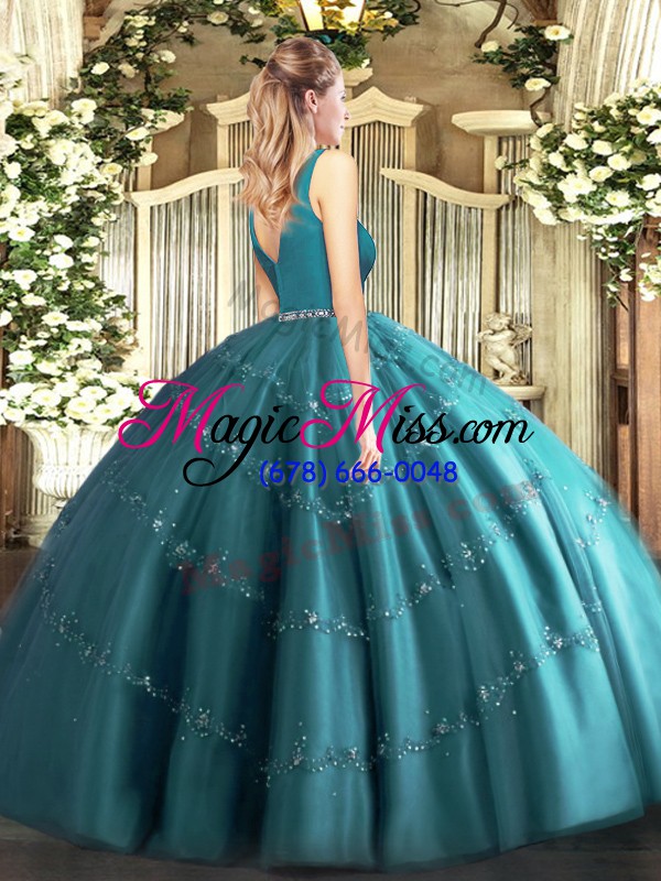 wholesale glittering teal zipper v-neck beading quinceanera gowns tulle sleeveless