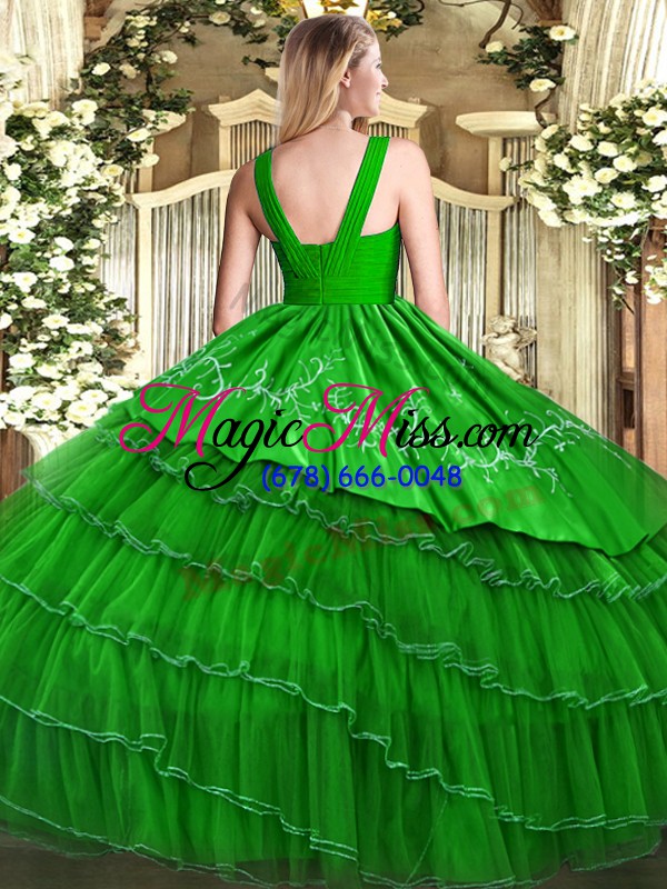 wholesale custom designed satin and organza sleeveless floor length quinceanera dress and embroidery and ruffled layers