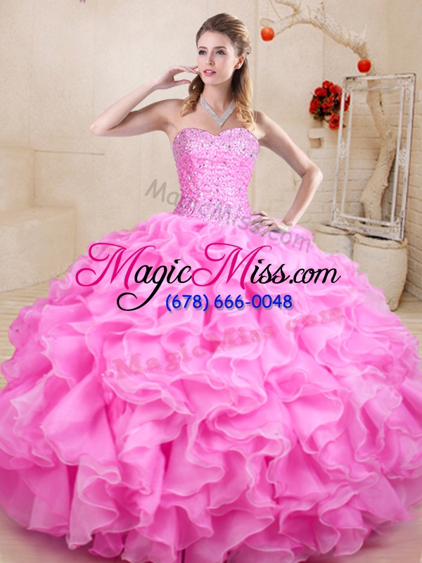 wholesale rose pink 15th birthday dress sweet 16 and quinceanera with beading and ruffles sweetheart sleeveless lace up