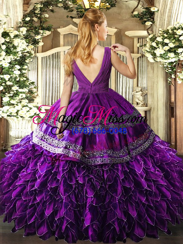 wholesale comfortable sleeveless organza floor length backless 15 quinceanera dress in purple with beading and ruffles and ruching
