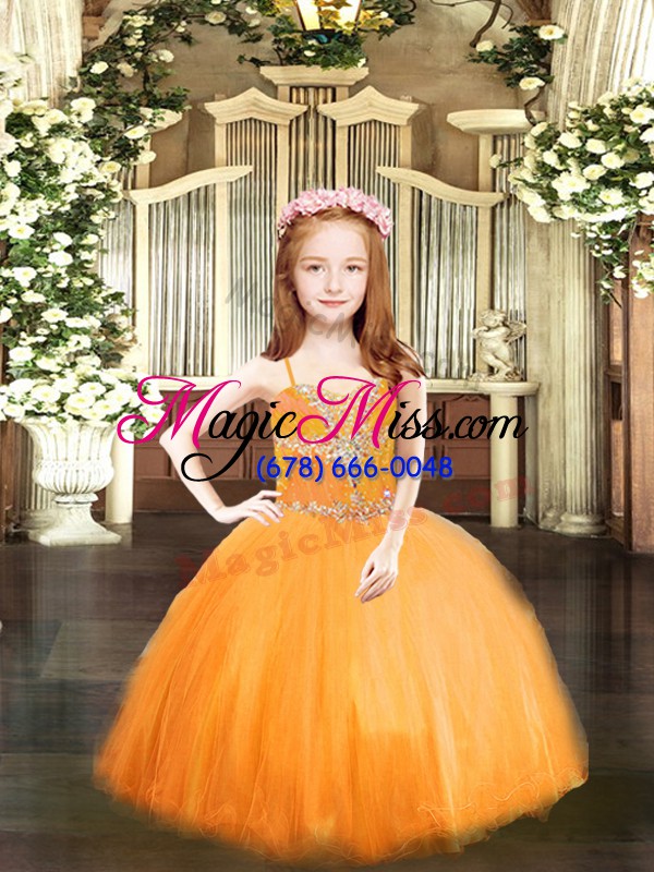 wholesale glorious ball gowns pageant gowns for girls orange spaghetti straps tulle sleeveless floor length lace up