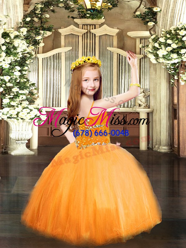 wholesale glorious ball gowns pageant gowns for girls orange spaghetti straps tulle sleeveless floor length lace up