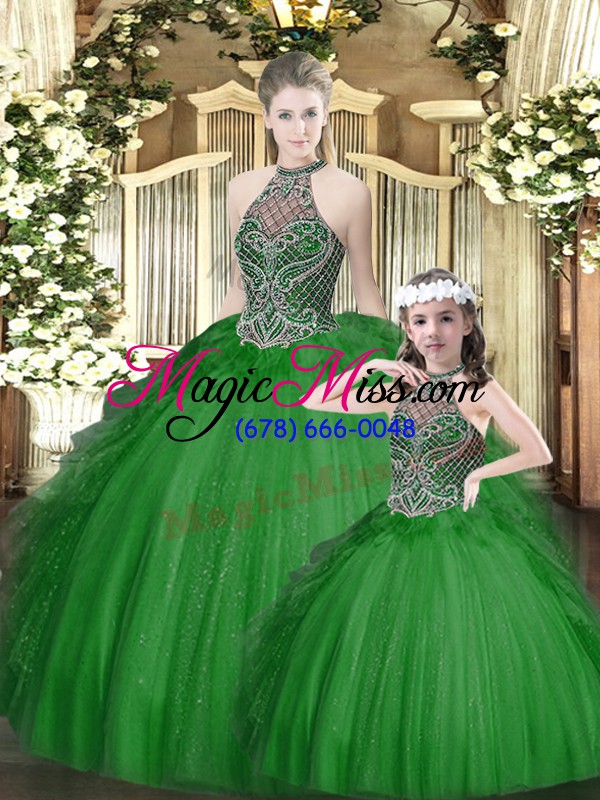 wholesale green sleeveless tulle lace up quince ball gowns for military ball and sweet 16 and quinceanera