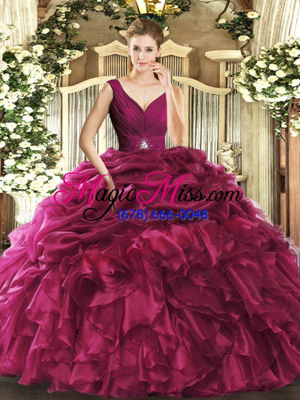 wholesale dramatic burgundy ball gowns v-neck sleeveless organza floor length backless beading and ruffles quinceanera gown
