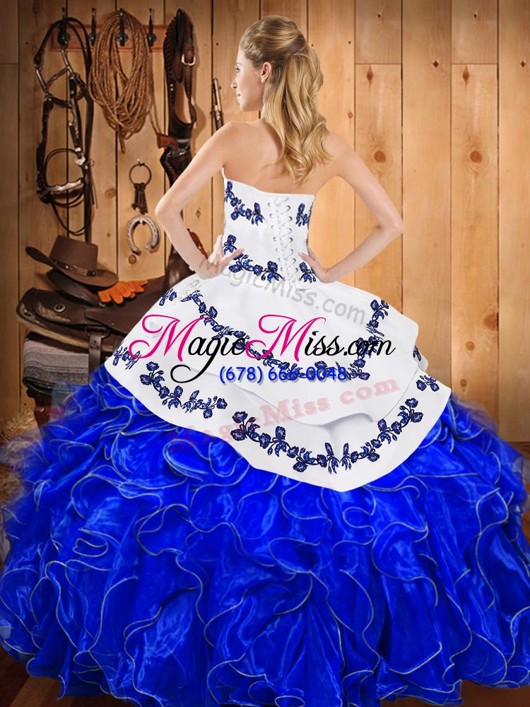 wholesale nice strapless sleeveless quinceanera gowns floor length embroidery and ruffles blue and white satin and organza