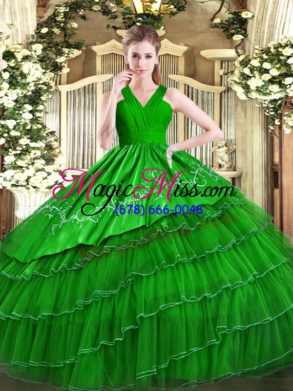 wholesale green sleeveless floor length embroidery and ruffled layers zipper vestidos de quinceanera