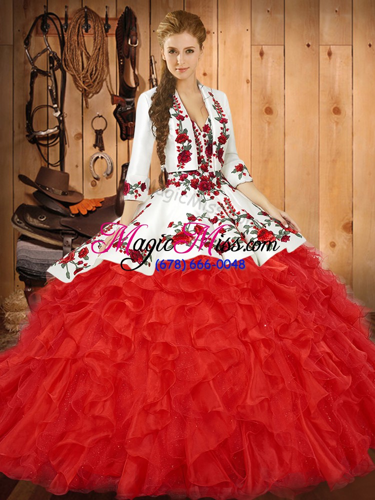wholesale new arrival red tulle lace up sweet 16 dress sleeveless floor length embroidery and ruffles