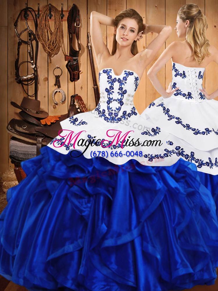wholesale eye-catching blue three pieces strapless sleeveless satin and organza floor length lace up embroidery and ruffles ball gown prom dress