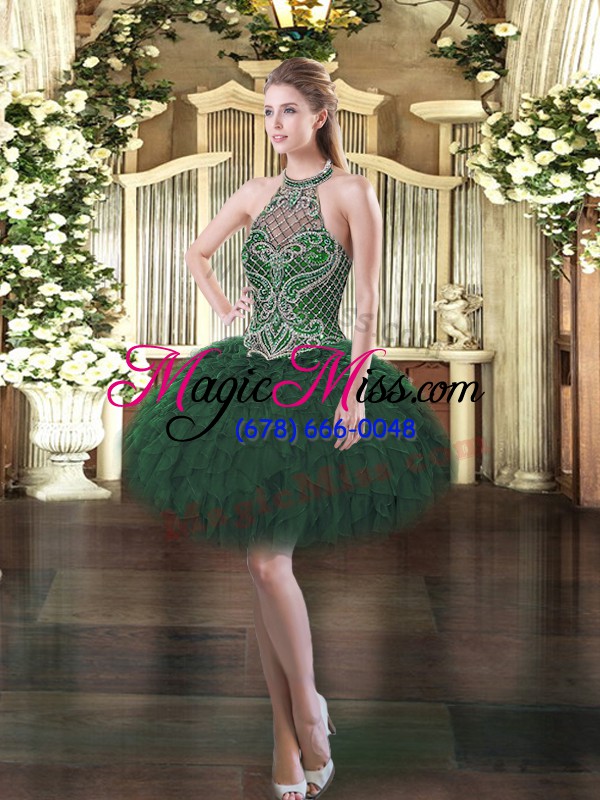 wholesale fashion dark green sleeveless floor length beading and ruffles lace up sweet 16 dresses
