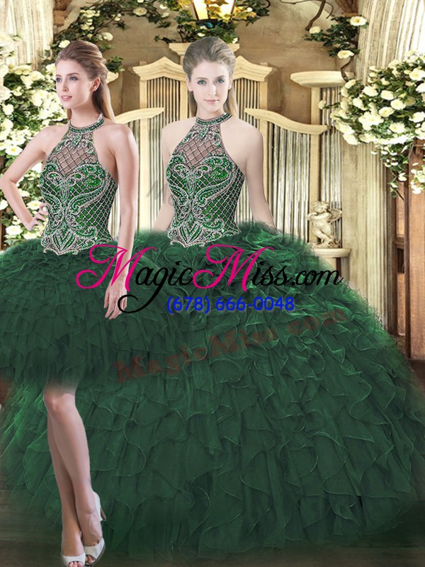 wholesale fashion dark green sleeveless floor length beading and ruffles lace up sweet 16 dresses