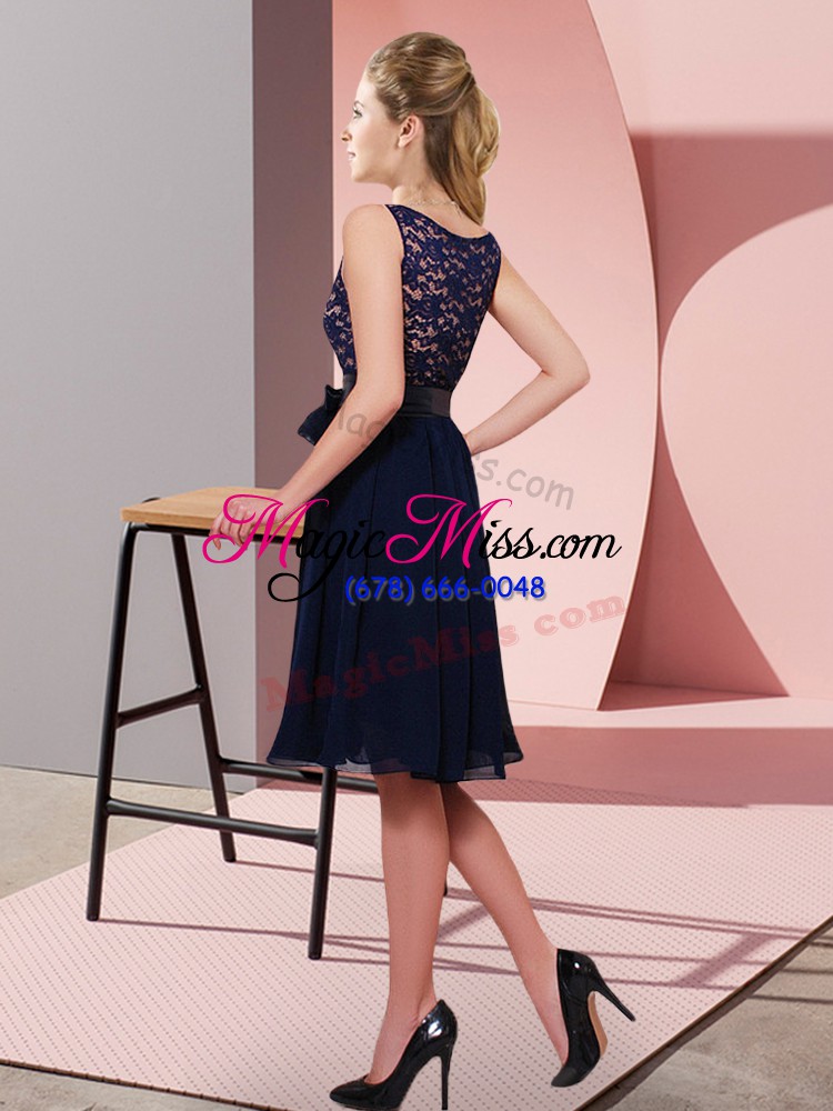 wholesale scoop sleeveless bridesmaid gown knee length lace and bowknot rose pink chiffon