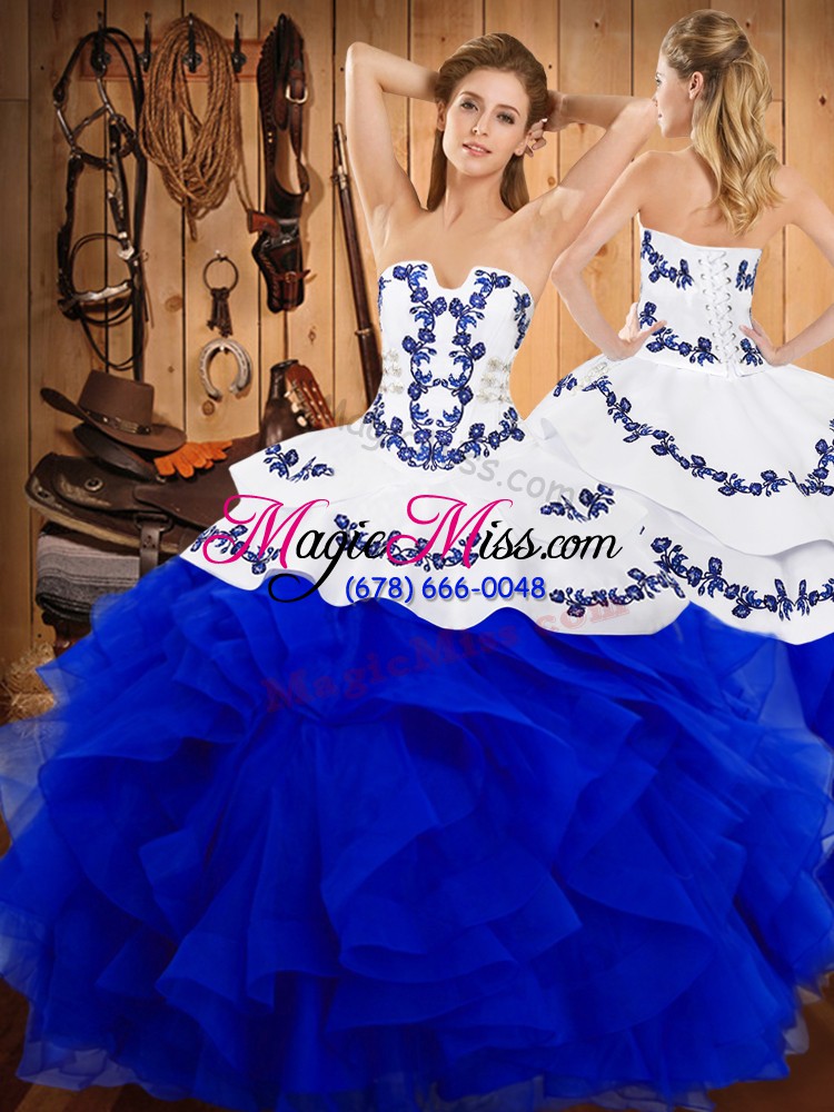 wholesale traditional sleeveless satin and organza floor length lace up 15 quinceanera dress in blue with embroidery and ruffles