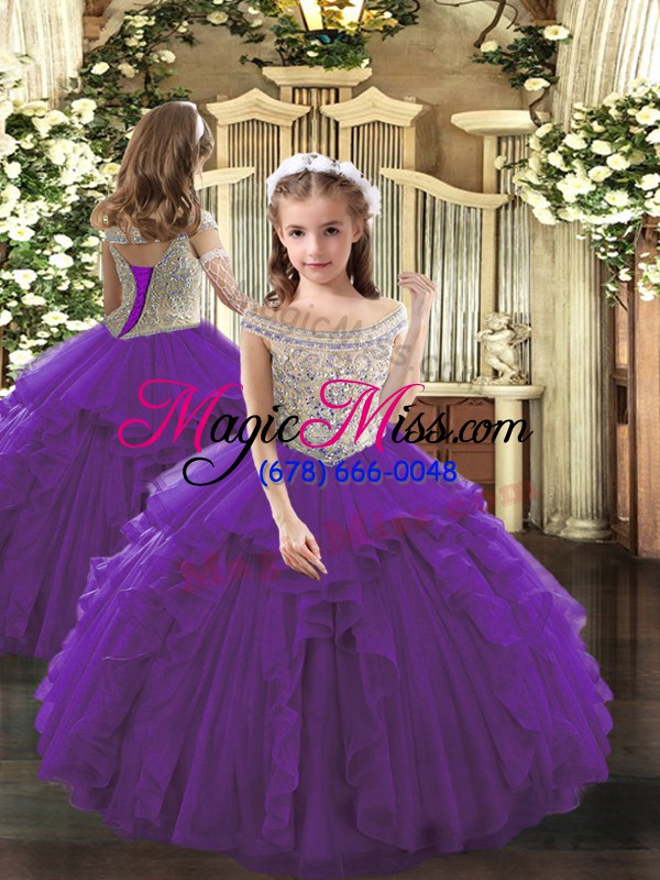 wholesale adorable purple tulle lace up bateau sleeveless floor length ball gown prom dress beading and ruffles