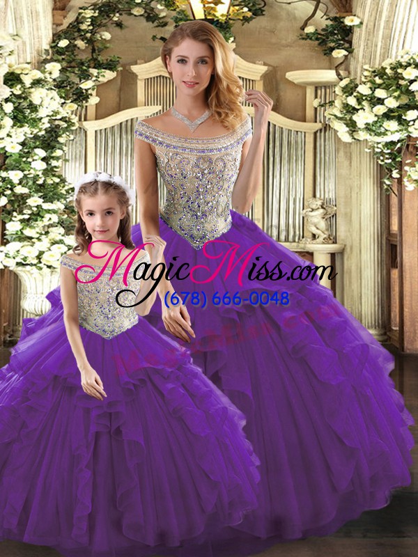 wholesale adorable purple tulle lace up bateau sleeveless floor length ball gown prom dress beading and ruffles