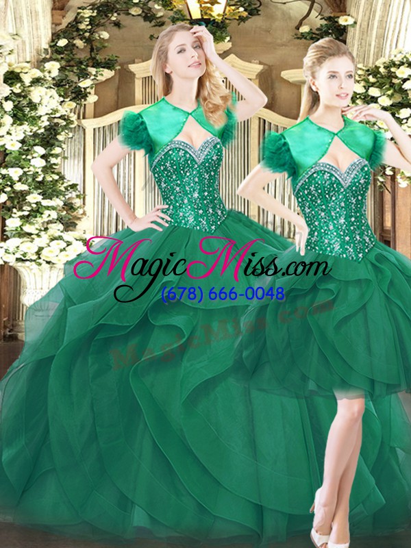 wholesale simple beading and ruffles quinceanera dress dark green lace up sleeveless floor length