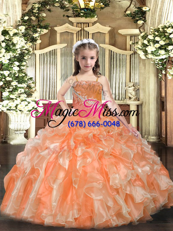 wholesale straps sleeveless child pageant dress floor length beading and sequins orange organza