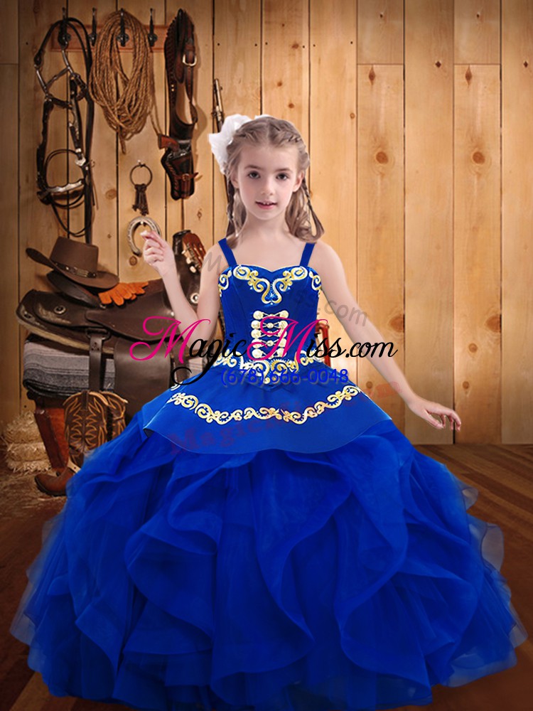 wholesale royal blue lace up straps embroidery girls pageant dresses organza sleeveless