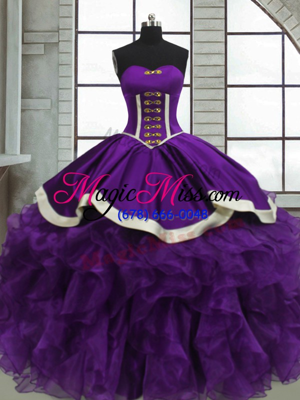 wholesale purple ball gowns satin and organza sweetheart sleeveless beading and ruffles floor length lace up sweet 16 quinceanera dress