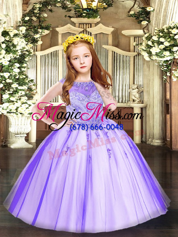 wholesale sleeveless tulle floor length zipper pageant gowns for girls in lavender with beading and appliques