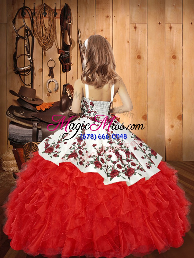 wholesale organza sleeveless floor length pageant dress and embroidery and ruffles