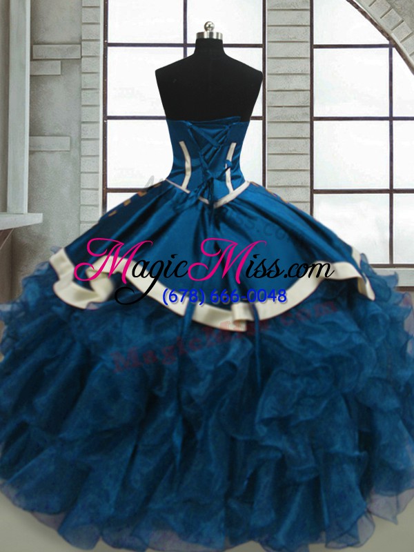 wholesale high class blue ball gowns organza sweetheart sleeveless beading and ruffles floor length lace up quinceanera gowns