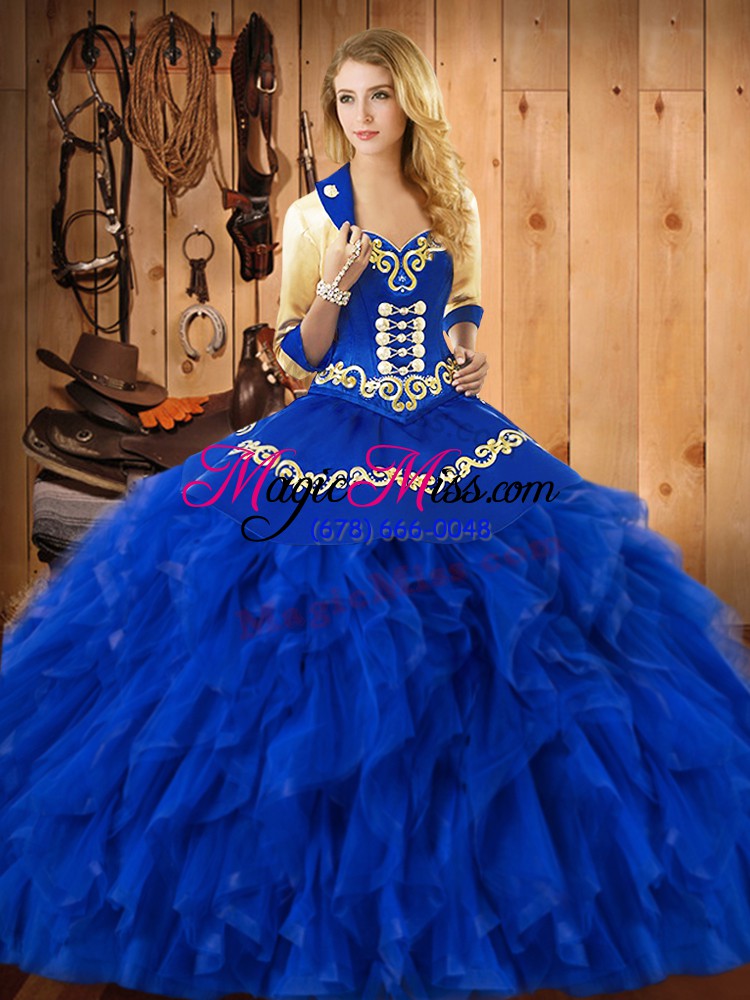 wholesale low price sleeveless satin and organza floor length lace up quinceanera gowns in blue with embroidery and ruffles