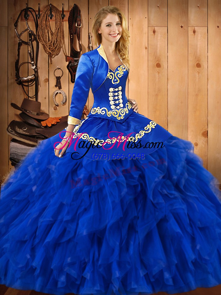 wholesale low price sleeveless satin and organza floor length lace up quinceanera gowns in blue with embroidery and ruffles