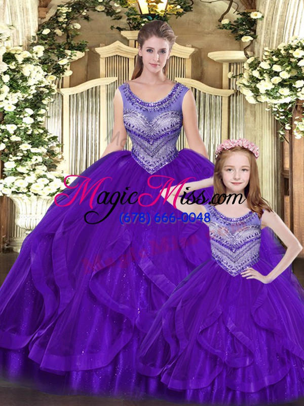 wholesale exquisite floor length eggplant purple ball gown prom dress tulle sleeveless beading and ruffles