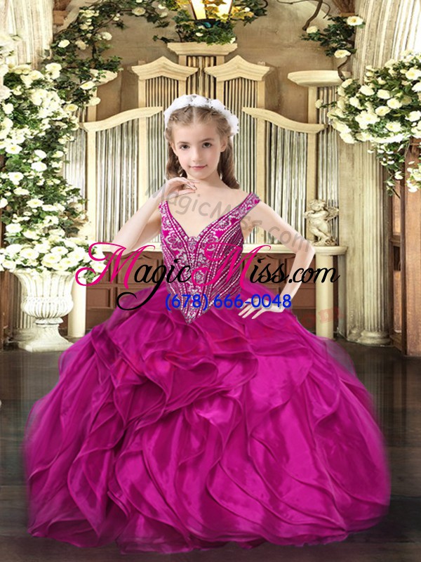 wholesale sleeveless lace up floor length beading and ruffles girls pageant dresses