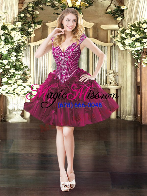 wholesale smart fuchsia organza lace up v-neck sleeveless floor length sweet 16 dresses beading and ruffles
