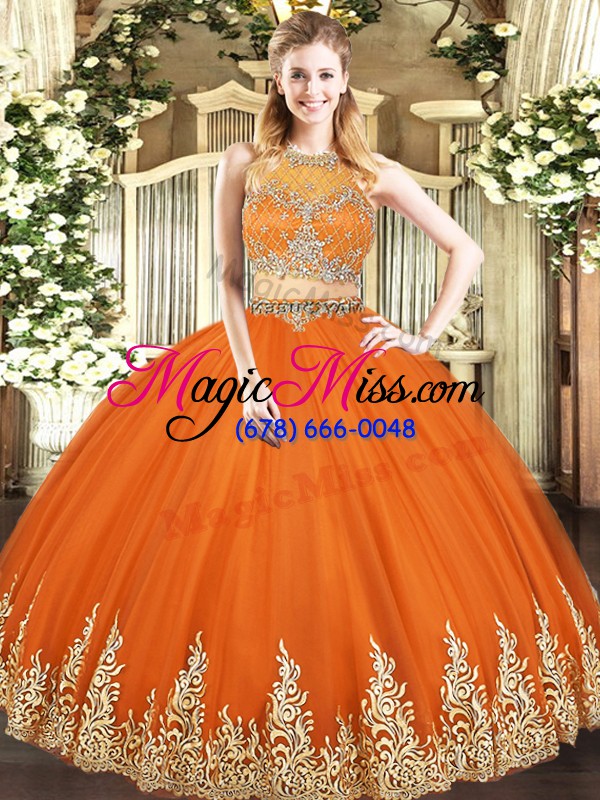wholesale orange red ball gowns tulle scoop sleeveless beading and appliques floor length zipper sweet 16 quinceanera dress