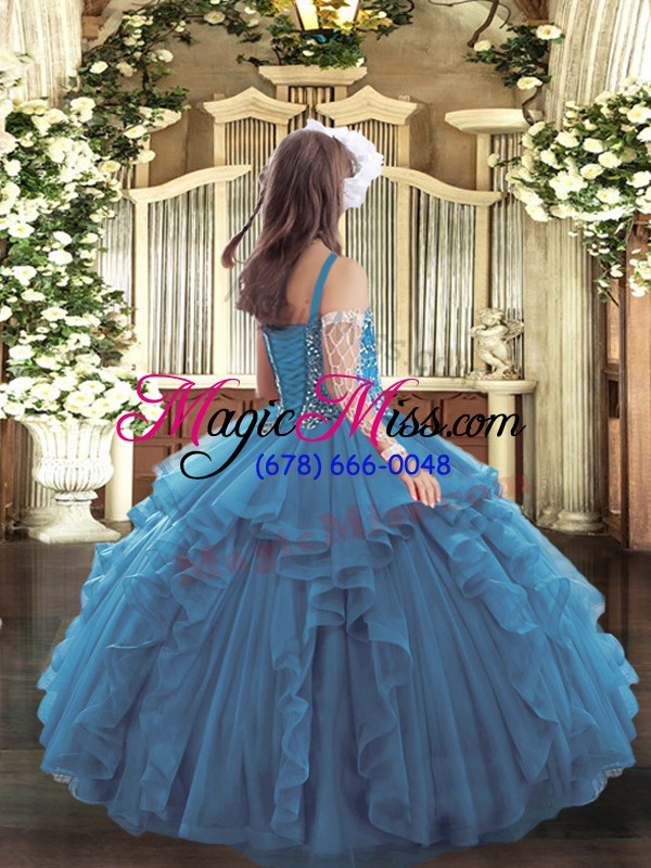 wholesale sleeveless tulle floor length lace up pageant dress in turquoise with beading and ruffles