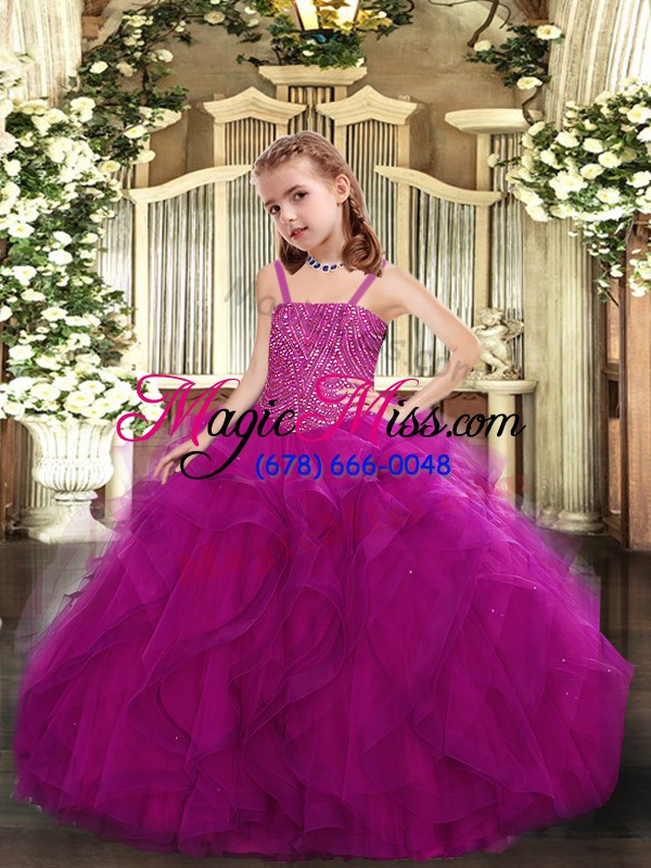 wholesale fuchsia ball gowns tulle straps sleeveless beading and ruffles floor length lace up pageant dress for teens
