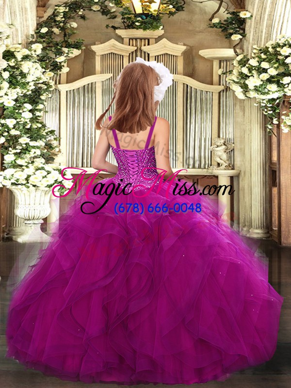 wholesale fuchsia ball gowns tulle straps sleeveless beading and ruffles floor length lace up pageant dress for teens