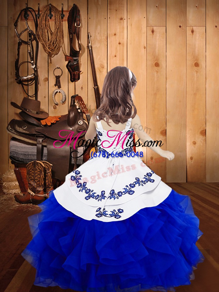 wholesale fashion sleeveless floor length embroidery and ruffles lace up little girl pageant gowns with royal blue