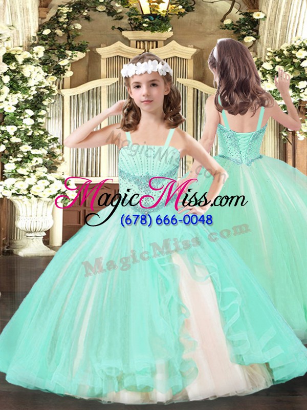 wholesale exceptional floor length lace up sweet 16 dress aqua blue for military ball and sweet 16 and quinceanera with beading
