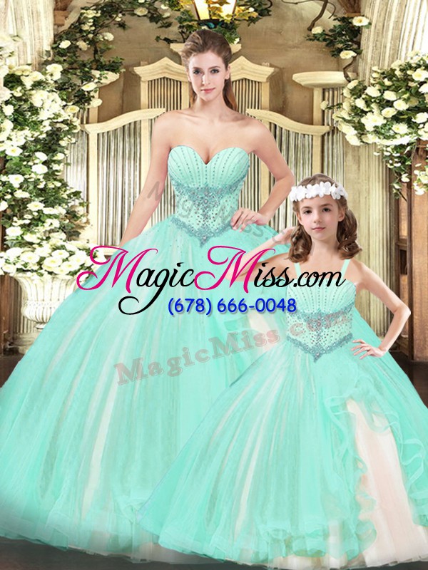 wholesale exceptional floor length lace up sweet 16 dress aqua blue for military ball and sweet 16 and quinceanera with beading