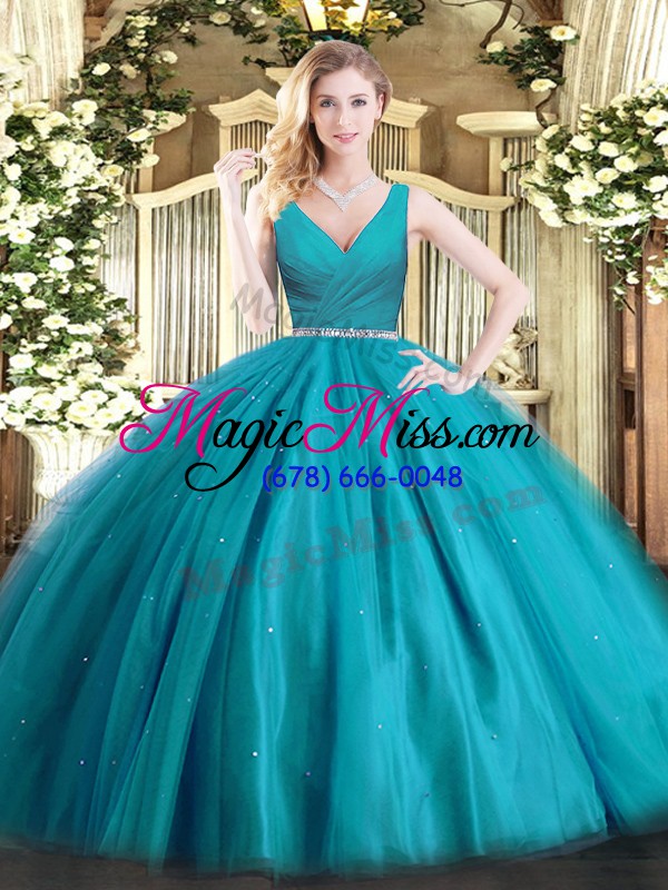 wholesale enchanting v-neck sleeveless quince ball gowns floor length beading teal tulle