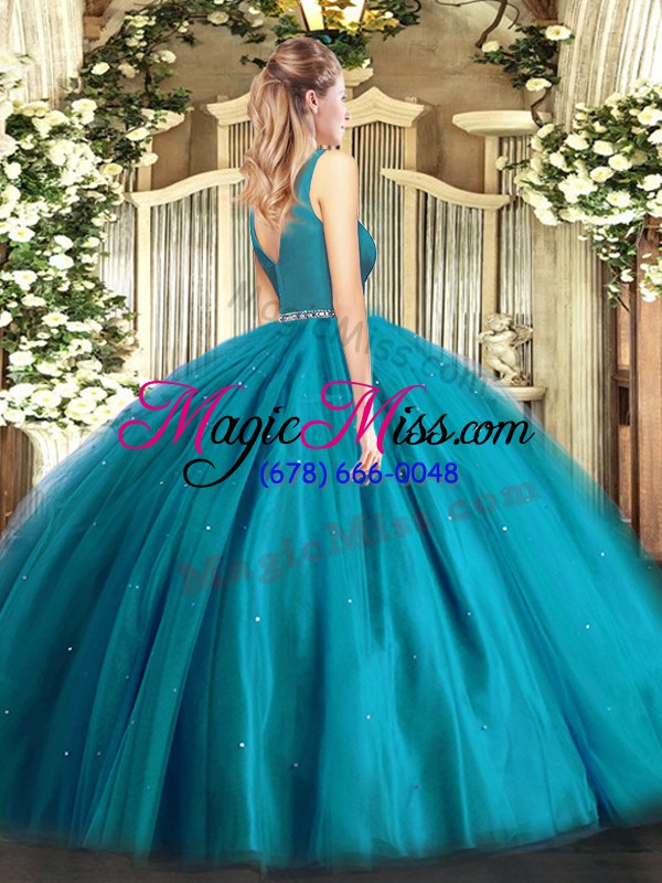 wholesale enchanting v-neck sleeveless quince ball gowns floor length beading teal tulle