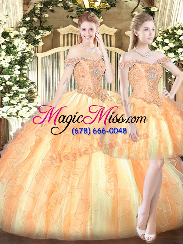 wholesale floor length gold quinceanera dresses off the shoulder sleeveless lace up
