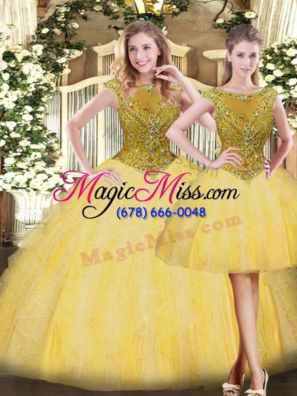 wholesale excellent gold scoop neckline beading and ruffles ball gown prom dress sleeveless zipper